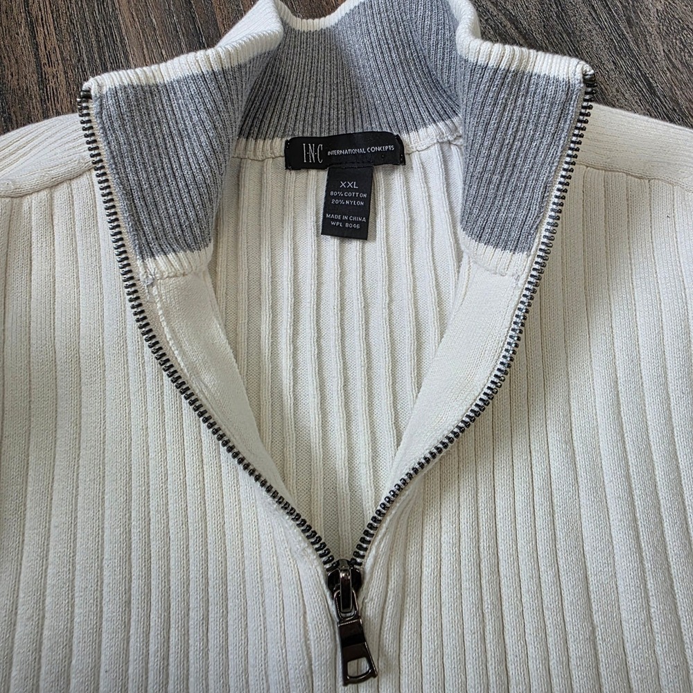 INC International Concepts Mens White Ribbed Quarter Zip Sweater XL Cotton Blend - Picture 6 of 9